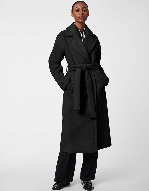 sophisticated and timeless belted black wool coat for women with stylish exaggerated sleeves statement