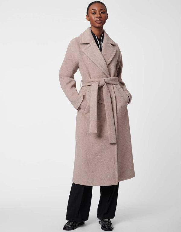 womens striking belted coat in heather taupe flattering for any figure type making it a timeless piece