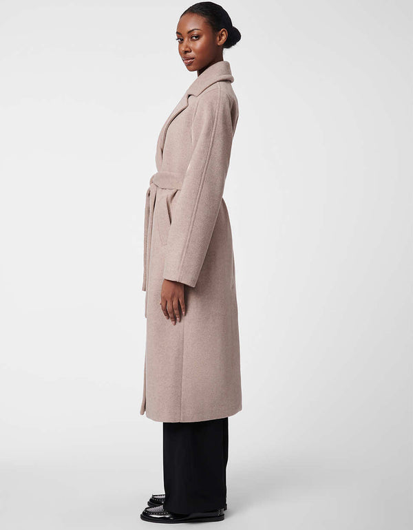 the perfect and most flattering womens belted coat in heather taupe strikingly amazing for every figure