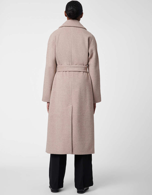 womens belted brown coat with wool material for staying warm in chilly days and exaggerated sleeves for statement