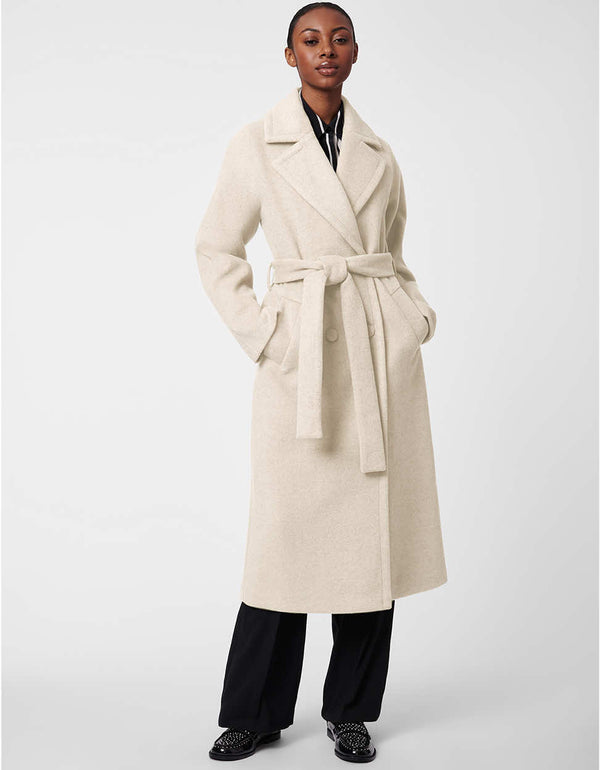 wide necked cream colored wool coat with adjustable belt for women with a classic below the knee cut