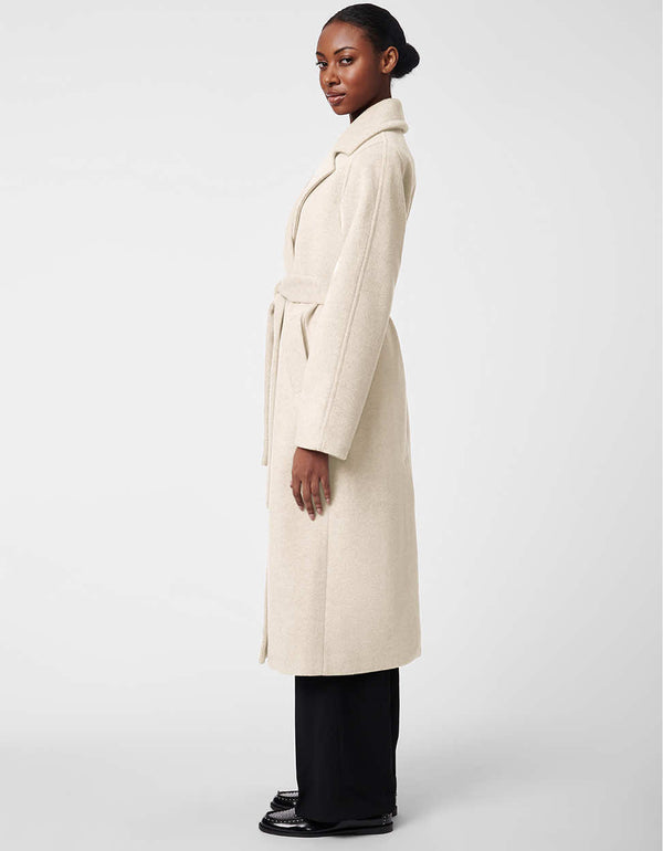 below the knee length modern wool trench coat with adjustable belt and structured sleeves for women