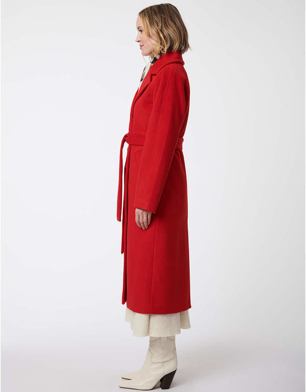 red wide neck trench coat with double buttons and adjustable waist with double stitched sleeves for women