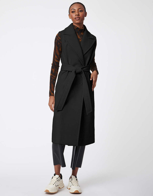 black below the knee length vest with an adjustable waist similar to a sleeveless trench coat for women