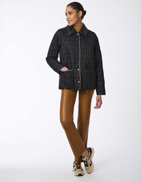 women's hip-length quilted jacket with faux leather trim. A sophisticated and effortless style for layering.