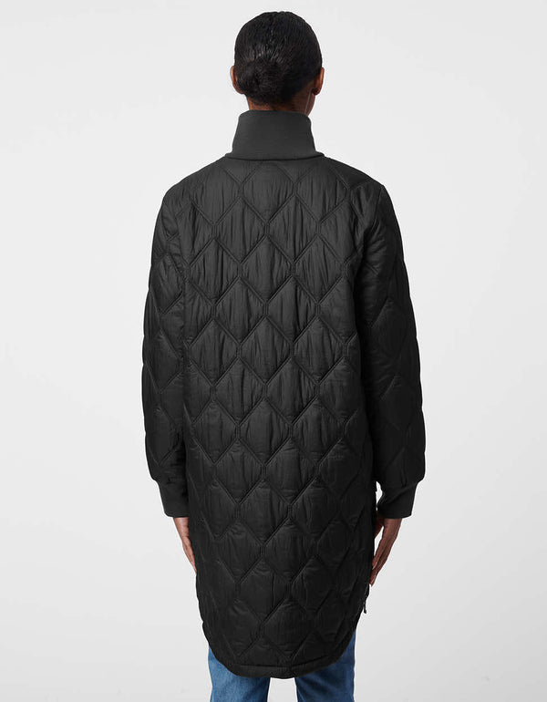 black asymmetrically cut elongated puffer jacket with diamond quilting and high neck for women