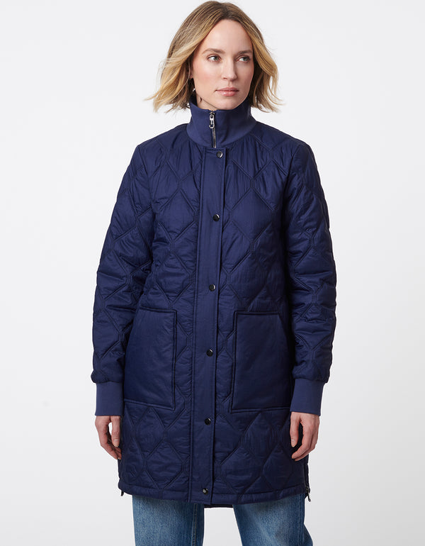 navy blue diamond stitched puffer jacket with a full button up design and zipped high ribbed neck for women