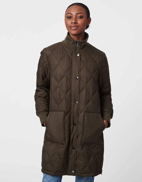 long button up puffer jacket for women with quilted stitching details and zipped high ribbed neck