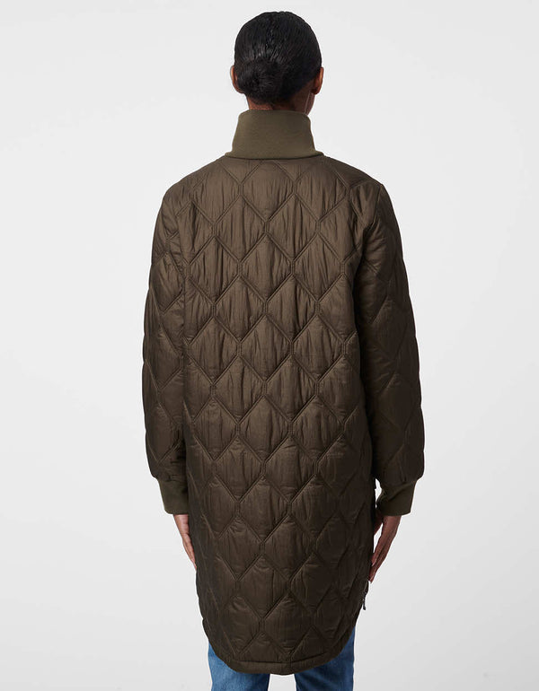 elongated back modern puffer jacket with diamond stitched patterns and high neck line made from recycled fabrics