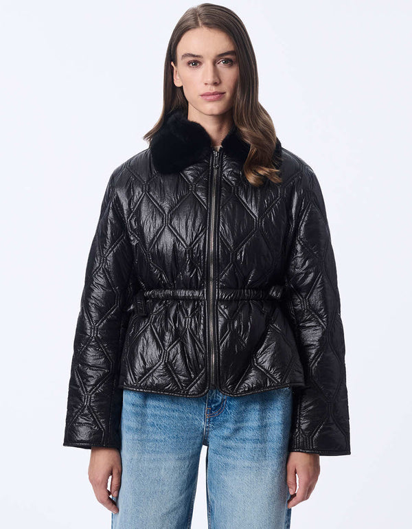 womens shiny quilted jacket with flared bottom removable faux fur collar and ecofriendly insulation