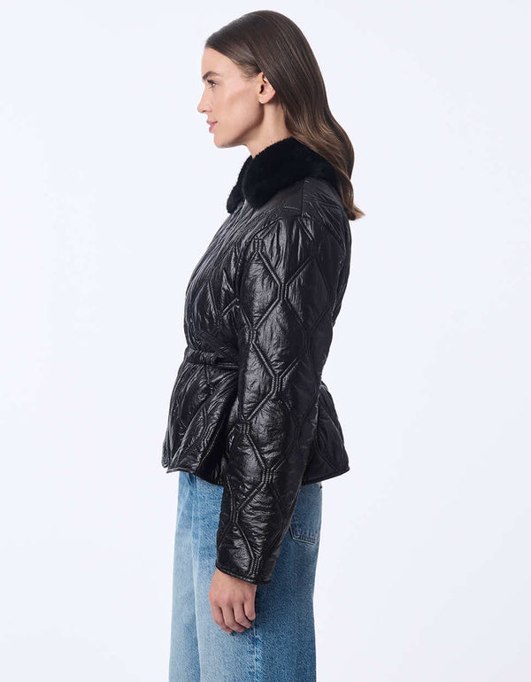 womens shiny quilted jacket with removable faux fur collar adjustable waist and eco friendly insulation for warmth