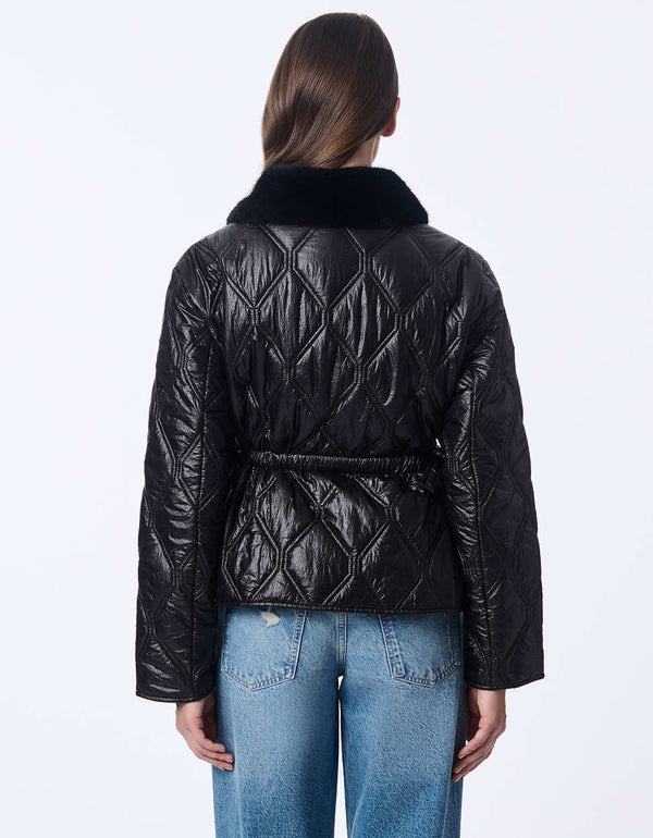 eco friendly quilted jacket with a flared design removable faux fur collar ideal for a casual chic look