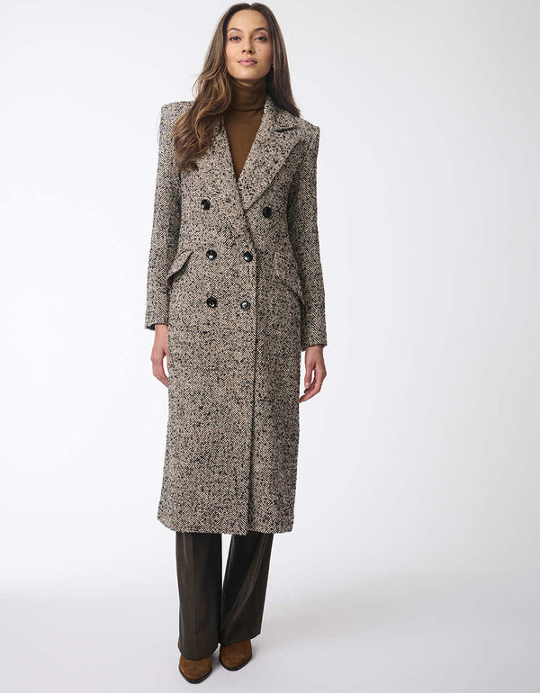 timeless and elegant calf length wool coat with herringbone stitch all over pattern for women