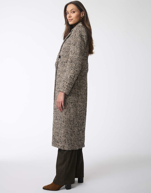 classic double breasted calf length wool coat for women with two pockets and herringbone pattern stitching