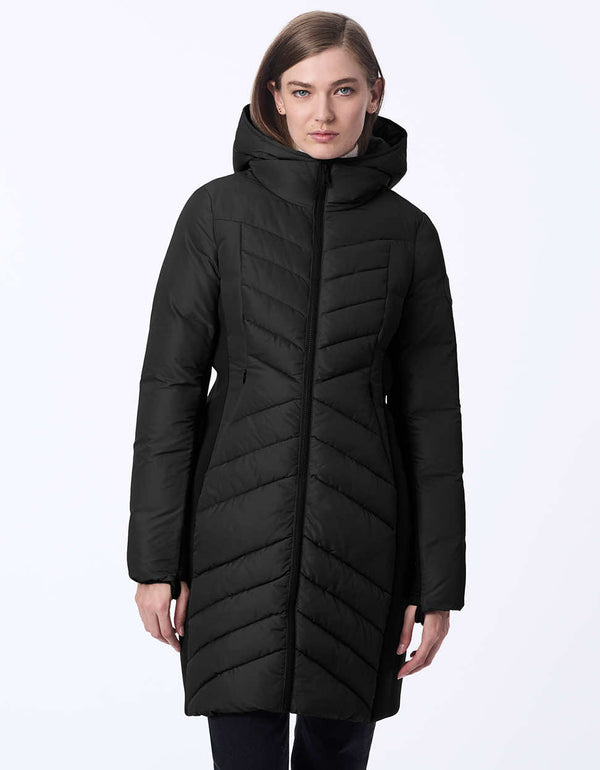 women's mid-length puffer coat with removable hood. Sustainable style with recycled insulation.