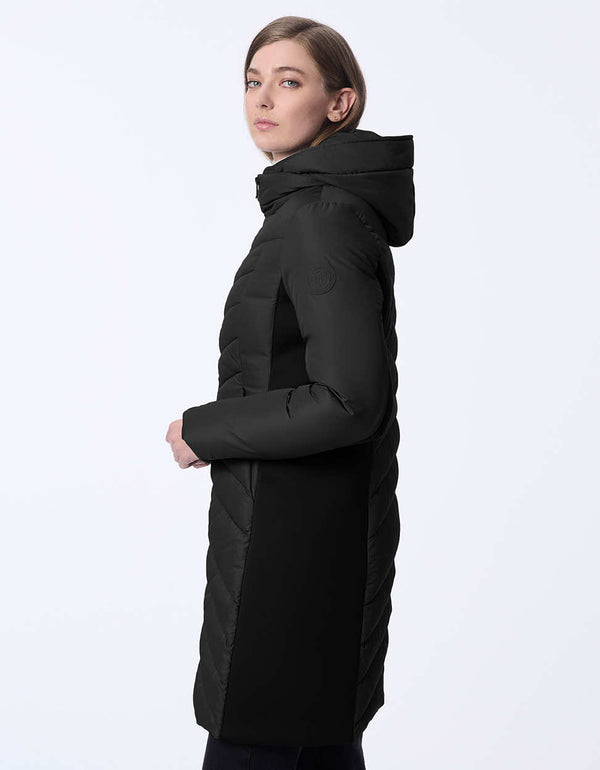 women's mid-length puffer coat with removable hood. Sustainable style with recycled insulation.