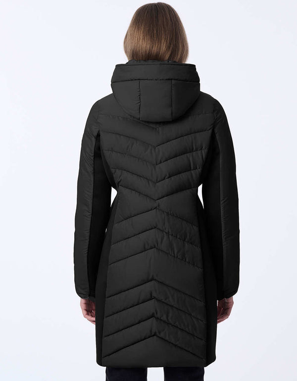 women's mid-length puffer coat with removable hood. Sustainable style with recycled insulation.