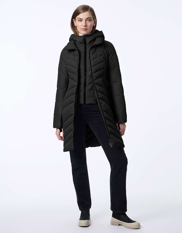 women's mid-length puffer coat with removable hood. Sustainable style with recycled insulation.