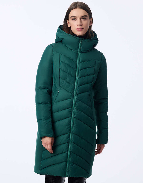 women's mid-length puffer coat with removable hood. Sustainable style with recycled insulation.