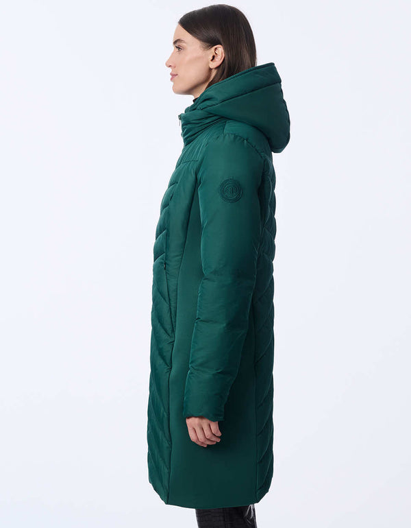 women's mid-length puffer coat with removable hood. Sustainable style with recycled insulation.