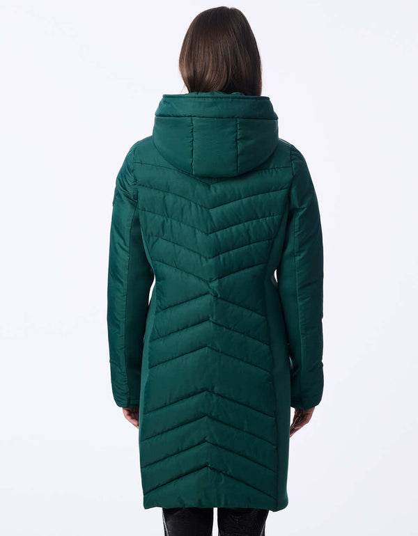 women's mid-length puffer coat with removable hood. Sustainable style with recycled insulation.