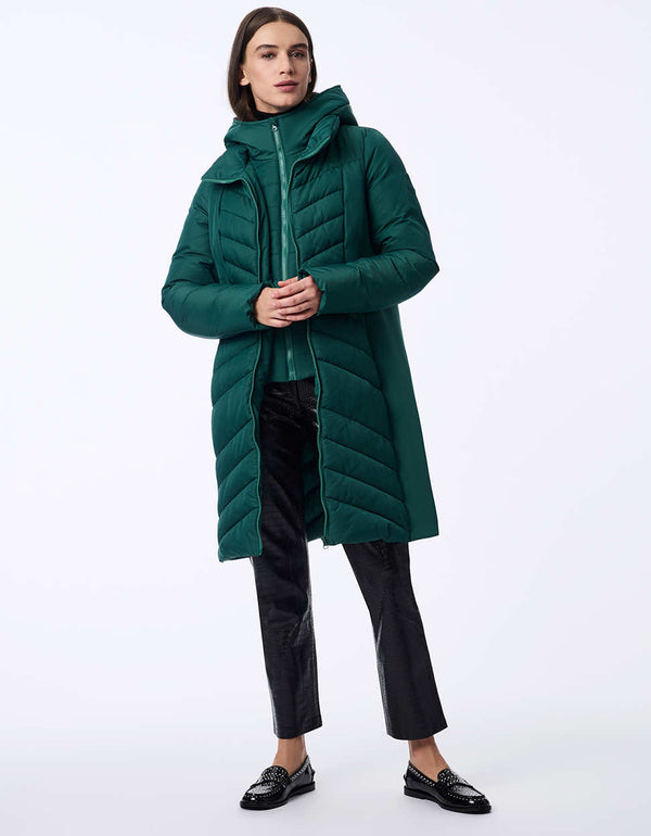 women's mid-length puffer coat with removable hood. Sustainable style with recycled insulation.