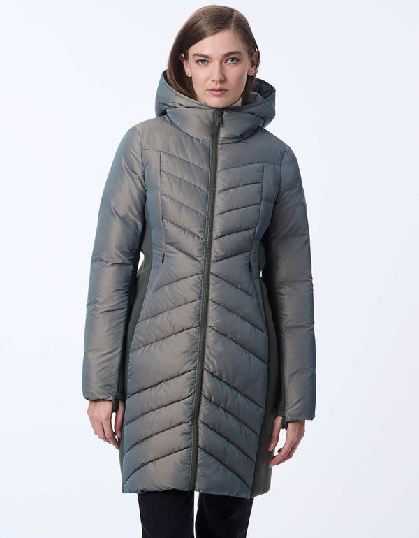 women's mid-length puffer coat with removable hood. Sustainable style with recycled insulation.