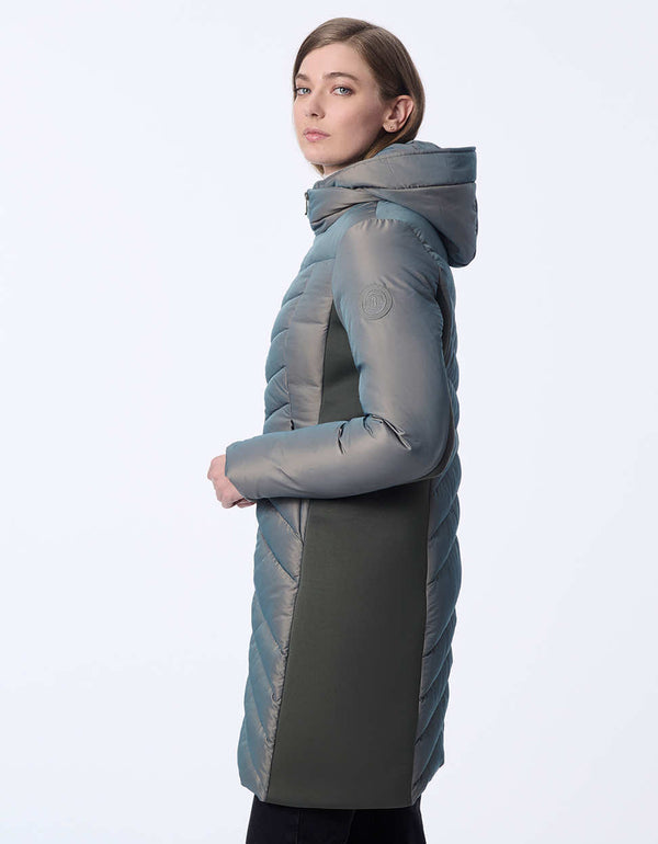 women's mid-length puffer coat with removable hood. Sustainable style with recycled insulation.