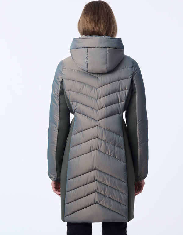 women's mid-length puffer coat with removable hood. Sustainable style with recycled insulation.