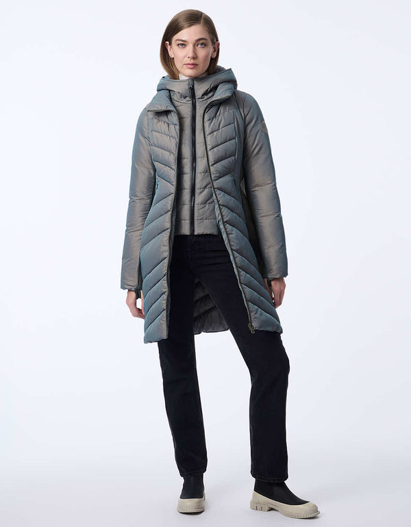 women's mid-length puffer coat with removable hood. Sustainable style with recycled insulation.