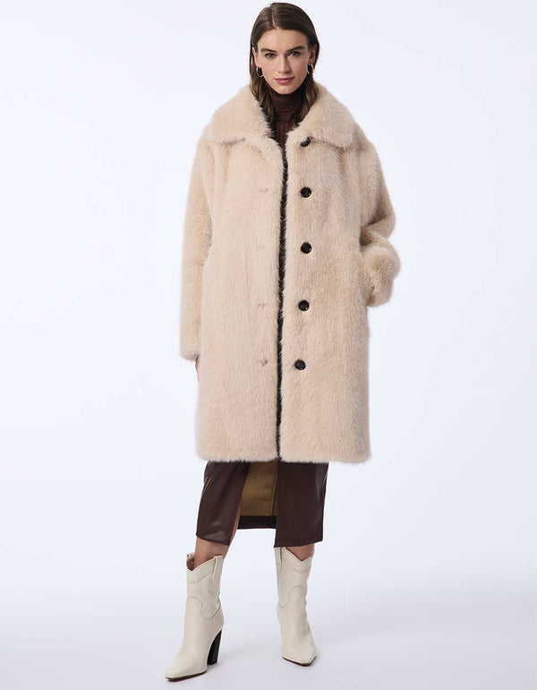 women's oversized faux fur coat with large contrast buttons, and stylish warmth. A luxurious look for your day or night.