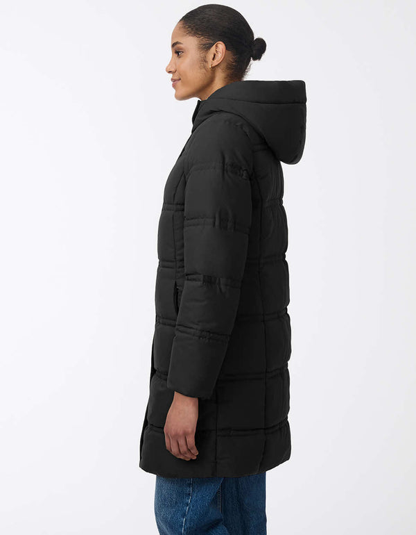 modern womens black casual puffer jacket with a hood offering versatile style for rainy and winter seasons