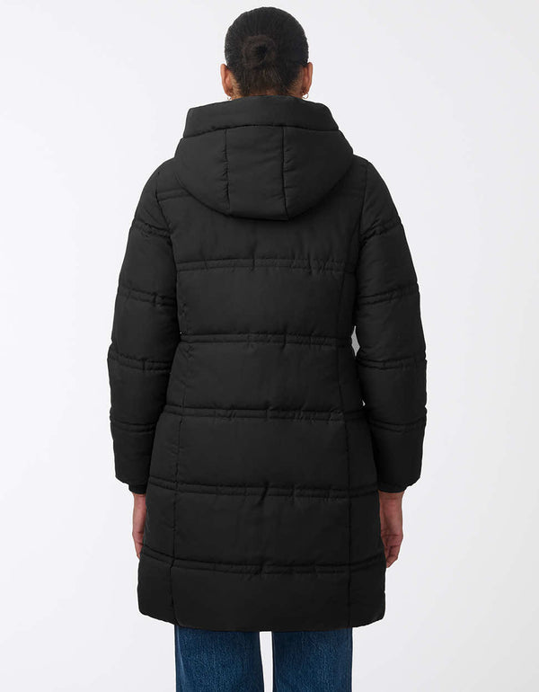 womens insulated puffer coat with hood and modern horizontal stitching. Made with recycled materials. Designed for winter comfort and sleek style.