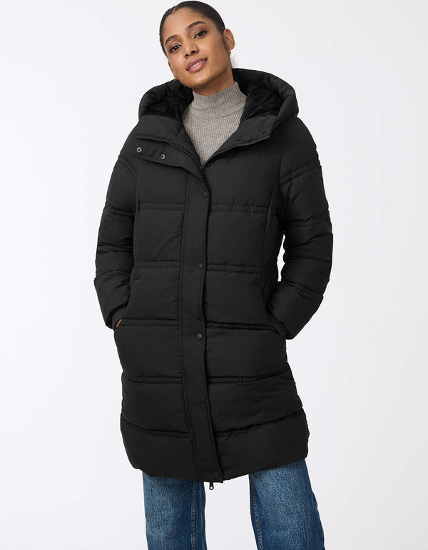 classic black puffer coat for women created with recycled materials designed for warmth and winter style