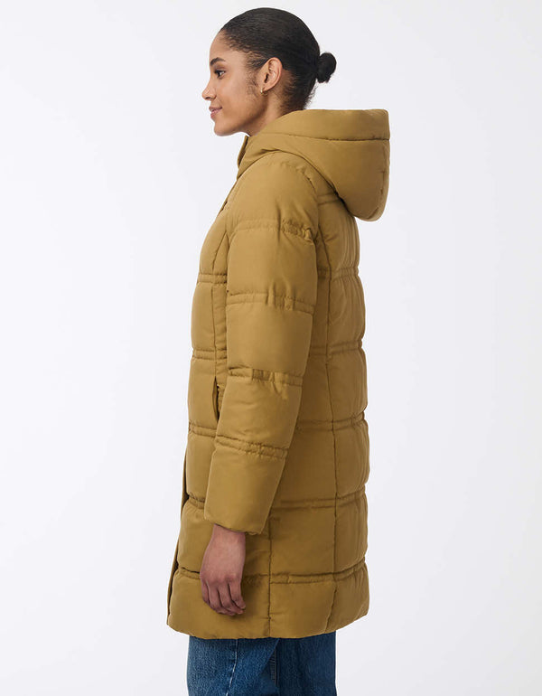 womens insulated puffer coat with hood and modern horizontal stitching. Made with recycled materials. Designed for winter comfort and sleek style.