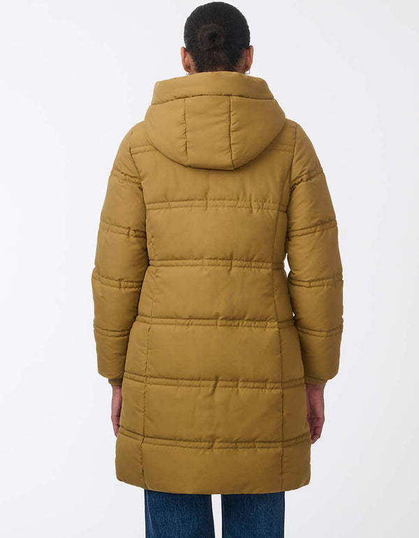 womens insulated puffer coat with hood and modern horizontal stitching. Made with recycled materials. Designed for winter comfort and sleek style.