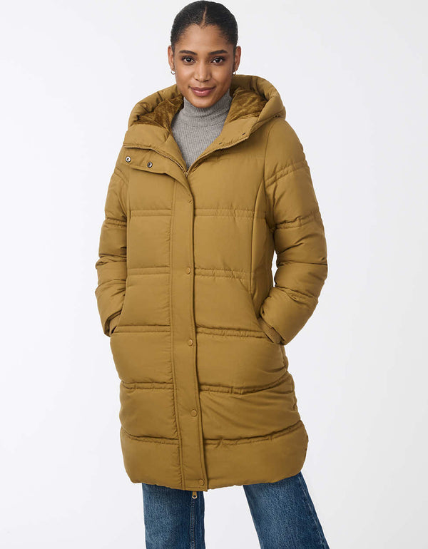 womens insulated puffer coat with hood and modern horizontal stitching. Made with recycled materials. Designed for winter comfort and sleek style.