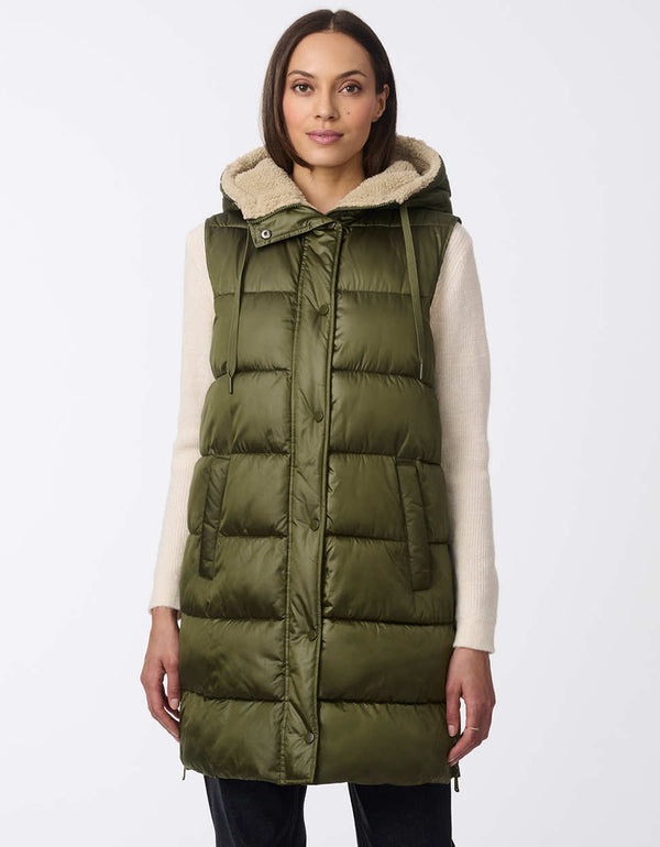 cozy and insulated puffer vest with adjustable sherpa lined hood for women in an army green colorway