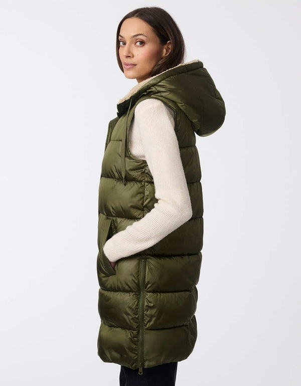 comfortable puffer vest for women in army green with drawstring sherpa lined hood an zipped sides for movement