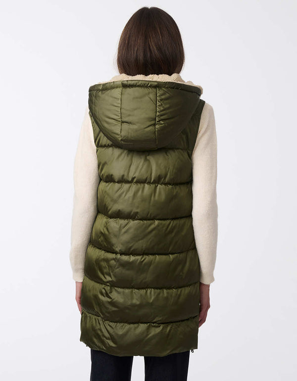 sustainably made puffer vest in army green with sherpa lined adjustable hood and button up enclosure for women