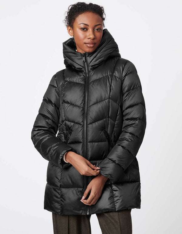 modern full zip hooded puffer jacket in black for women made from recycled polyester and a semi fitted cut