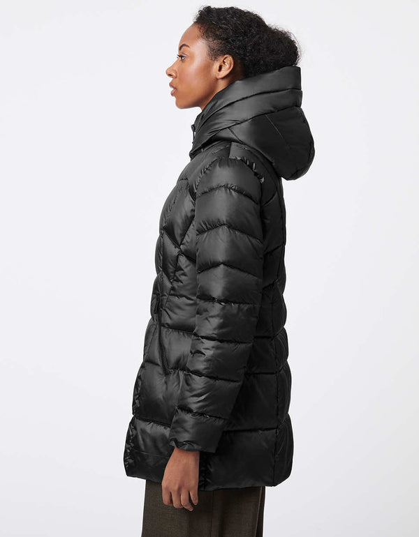 signature puffer jacket in black with a built in hood and a shiny finish perfect for the winter season