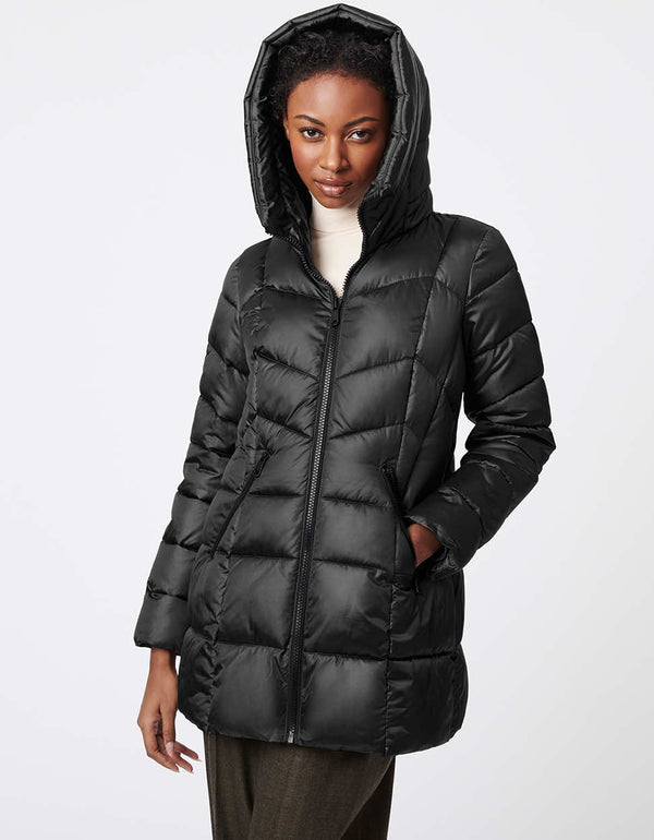 black zipped up puffer jacket in a shiny finish with a hood for women looking for a jacket for the winter