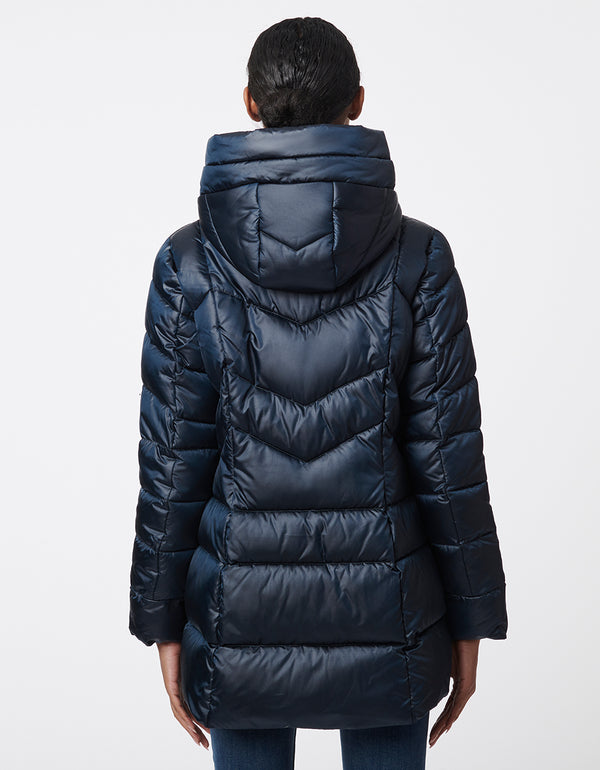 dark blue slim semi fitting straight cut puffer jacket for women with a layered hood and shiny finish