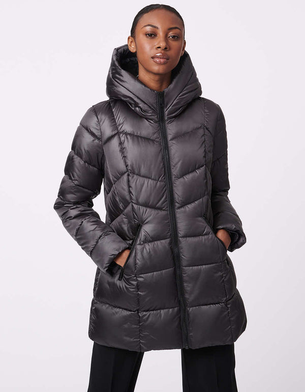 full zipped up slim cut puffer jacket in dark grey gunmetal for women with a high neckline and hood