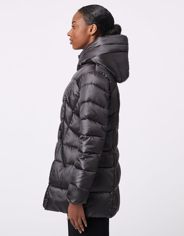 zipped up puffer jacket in gunmetal grey shiny finish and layered hood made from recycled polyester for women