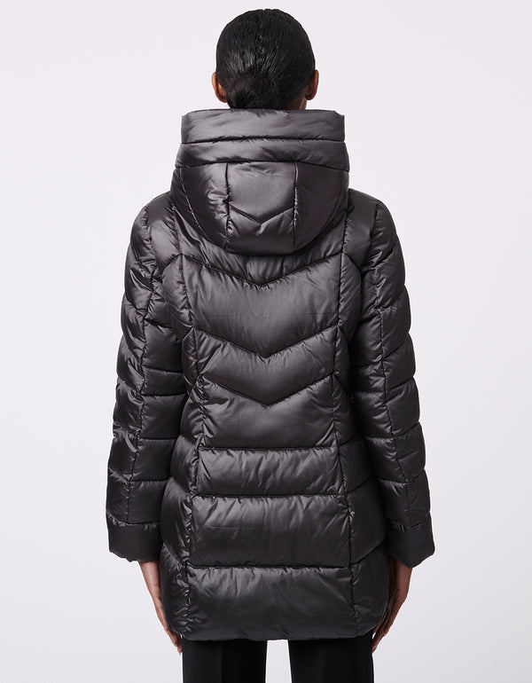 slim semi fitting puffer jacket in shiny gunmetal grey with quilted stitching and built in hood for women