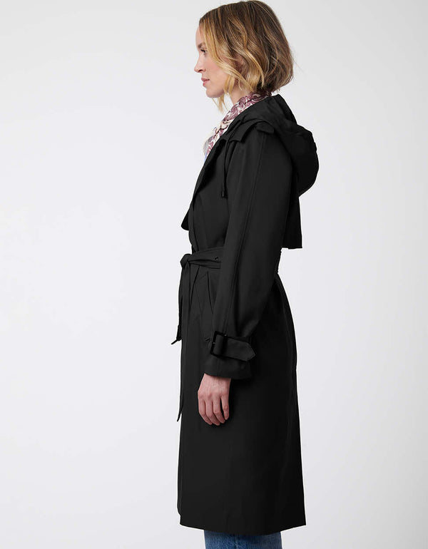 trench coat made from water resistant recycled fabric with a built in rain coat and adjustable cuffs and belt