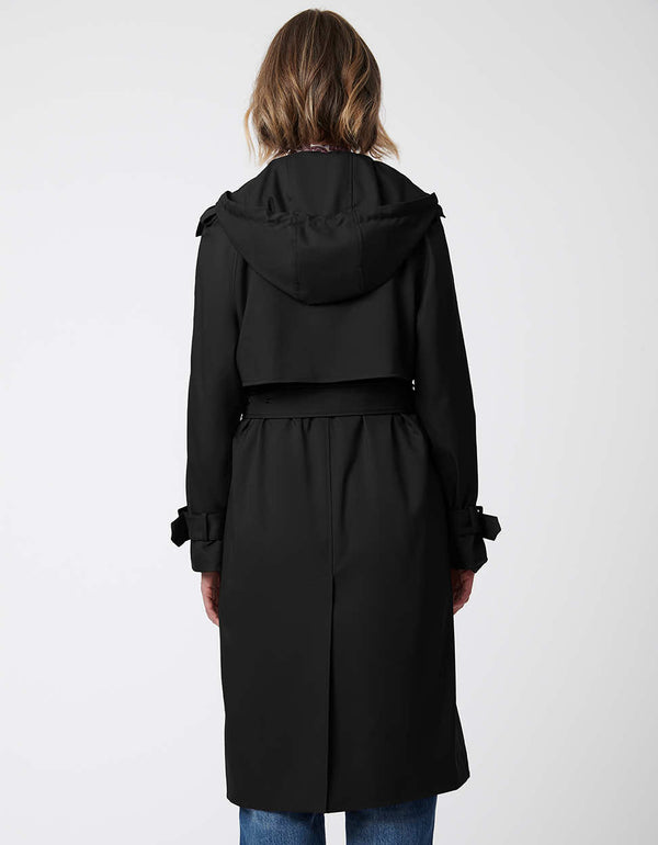 full coverage trench coat for women with an adjustable hood and cuff made from recycled water resistant materials