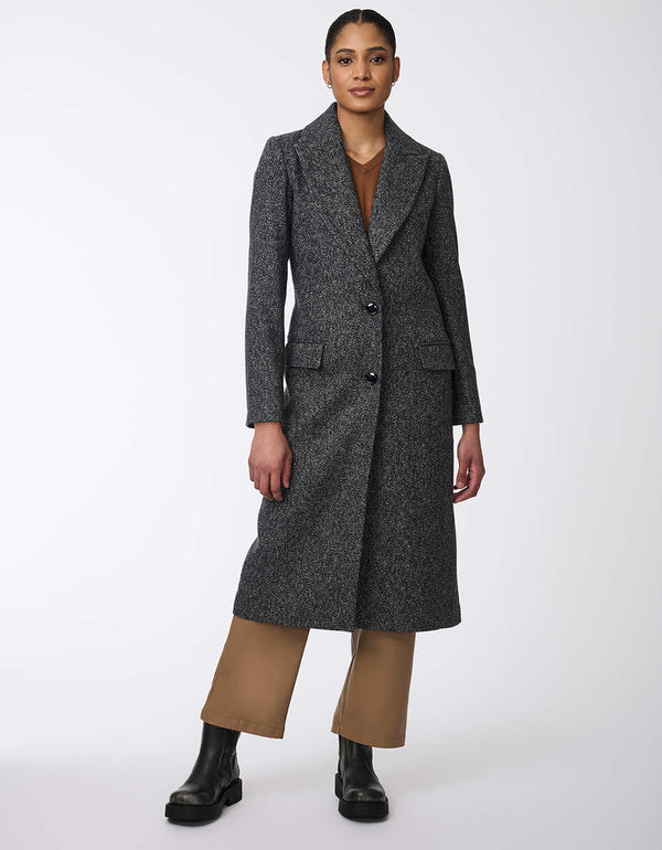 womens calf-length semi-fitted wool coat with classic design. Offers luxurious warmth and timeless style, perfect for any occasion. Combines elegance with comfort for refined outerwear